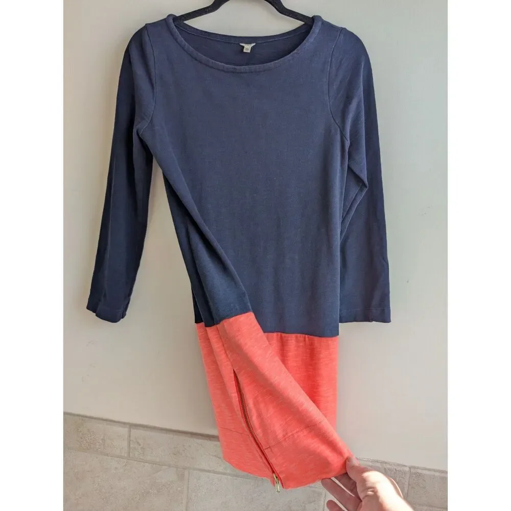 J.Crew Navy Coral Colorblock 100% Cotton Boat Neck Shift Dress XS 3/4 Sleeve